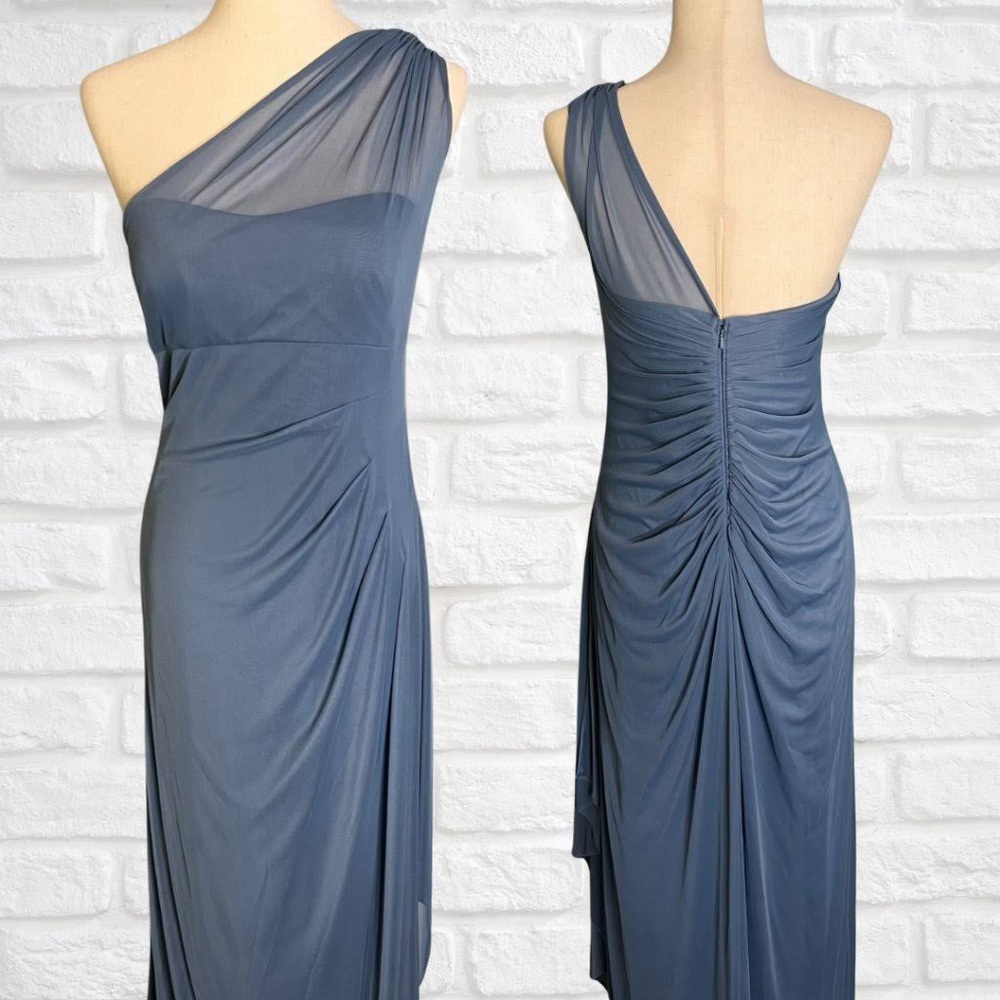 David’s Bridal Long Mesh One-Shoulder Dress in Steel Blue. Size 0.
